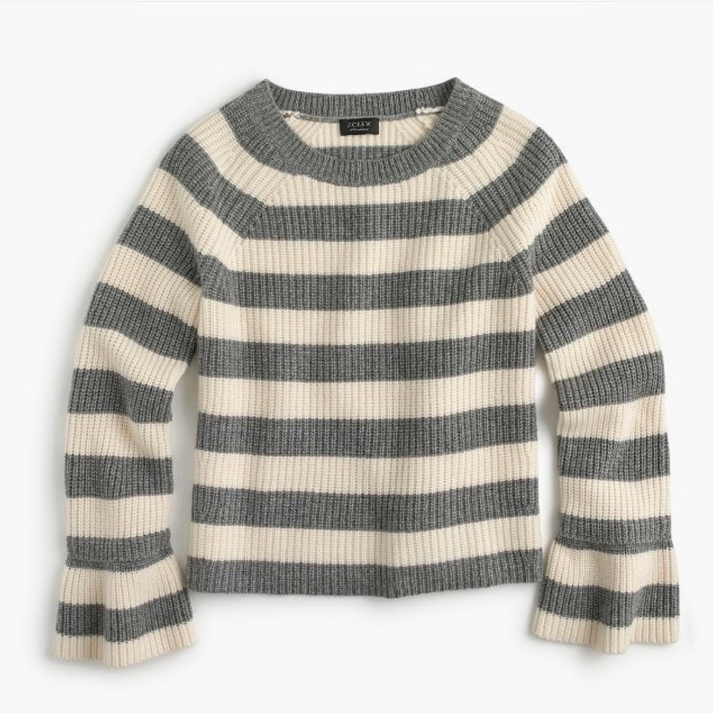 $248 J.Crew Ruffle-sleeve crewneck in striped everyday cashmere-H3788-XXS